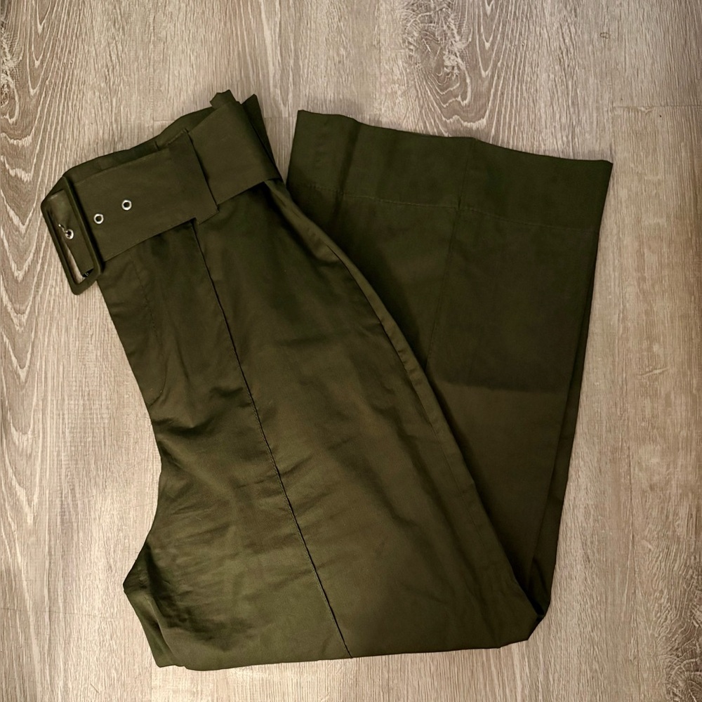 Zara High Rise Wide Leg Crop Pant with Tonal Belt - Olive Green